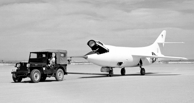The jet-powered Skyrocket is towed across the dry lake bed at Edwards Air Force Base. Note the intakes for the air-breathing jet.